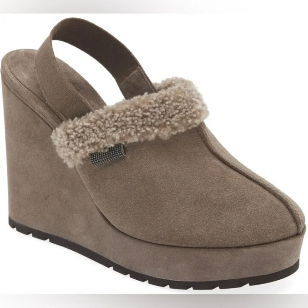 Brunello Cucinelli Suede Shearling Wedge Slingback Clogs Grey size EU 39 / US 9